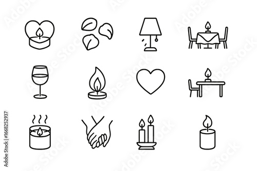 Romantic Icon Set. Outline icon set of romantic candlelight: heart candle, rose petals, dim light, dinner