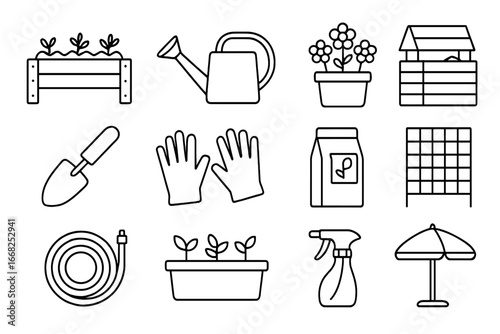 Rooftop Gardening Icons. Outline icon set of rooftop gardening: raised bed, watering can, potted flowers,