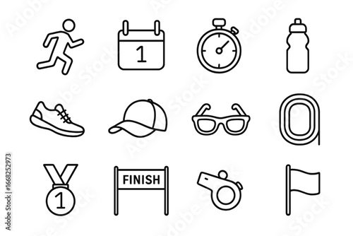 Running Icons Outline. Outline icon set of long-distance running: runner silhouette, race bib, stopwatch,