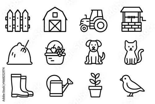 Rural Icons Set. Outline icon set of rural visits: wooden fence, barn, tractor, well, haystack, fruit basket,