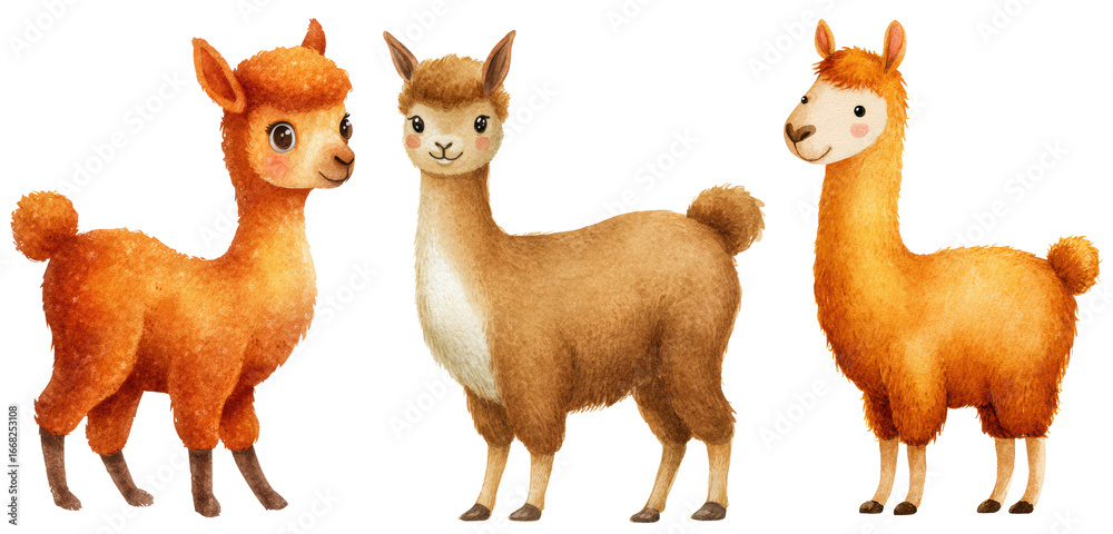Fototapeta premium Set of Colorful llamas in playful poses for childrens design and decoration. Cut out PNG