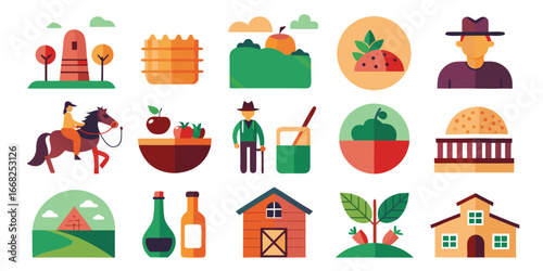 Flat design icons of rural farm life and harvest including buildings people and food barn house