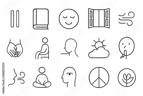 Sacred Pause Icons. Outline vector icons of sacred pause in daily life: pause icon, closed book, gentle smile,