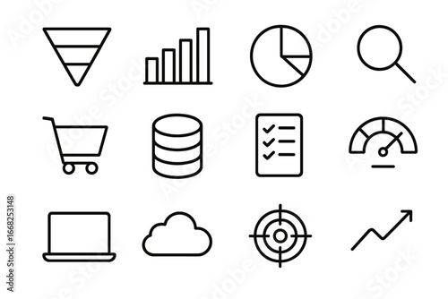 Sales Funnel Icons. Outline icon set of sales funnel analysis: funnel chart, bar chart, pie chart, magnifying