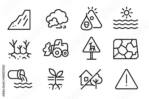 Salt Mining Impact Icons. Outline icon set of environmental impact of salt mining: erosion icon, dust cloud,