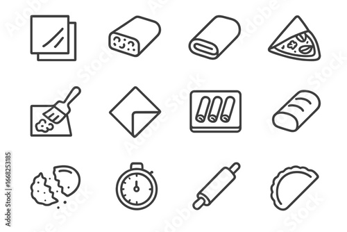 Savory Pastry Icons Set. Outline icon set of savory pastry wraps: phyllo dough, meat stuffing, rolled pastry,