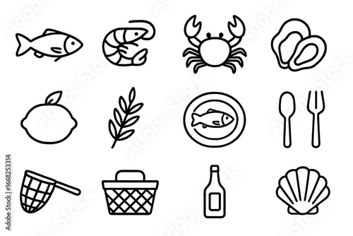 Seafood Icons Grid. Outline icon set of local seafood specialties: fish, shrimp, crab, oyster, lemon, herb
