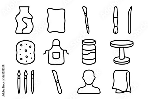 Sculptural Pottery Icons. Outline icon set of sculptural pottery: abstract vase, clay slab, carving loop,