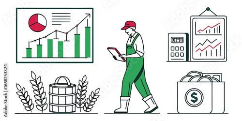 Farmer with financial charts agriculture market trend illustrations, including price charts, commodity trading screens, farm product auctions, and export containers, agriculture finance vectors