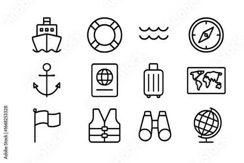 Sea Migration Icons. Outline icon set of migration by sea: ship, lifebuoy, waves, compass, anchor, passport,