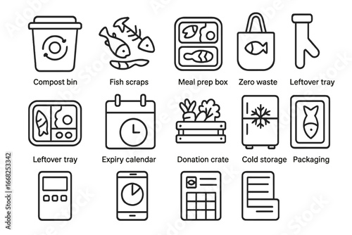 Seafood Waste Reduction Icons. Outline icon set of seafood waste reduction: compost bin, fish scraps icon,