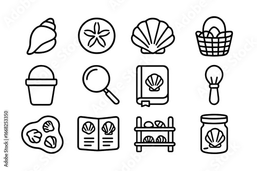 Seashell Collecting Icons. Outline icon set of seashell collecting hobby: conch shell, sand dollar, clam shell