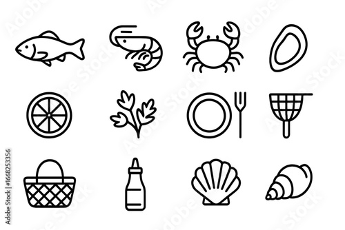 Seafood Icons Grid. Outline icon set of local seafood specialties: fish, shrimp, crab, oyster, lemon, herb