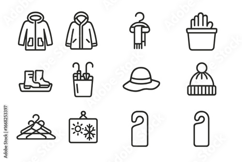 Seasonal Coat Storage Icons. Outline icon set of seasonal coat storage: winter coat, rain jacket, scarf hanger