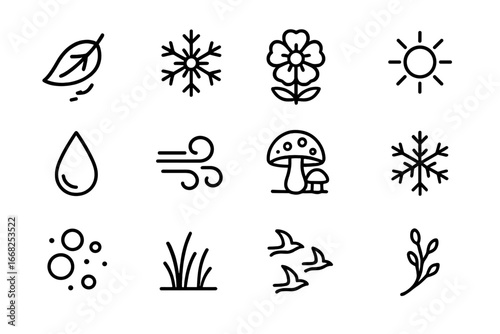 Seasonal Nature Icons. Outline icon set of seasonal changes in nature: falling leaf, snowflake, blooming