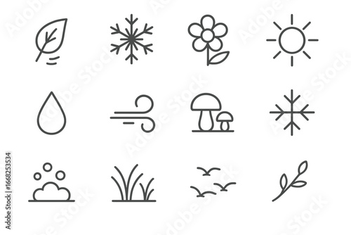 Seasonal Nature Icons. Outline icon set of seasonal changes in nature: falling leaf, snowflake, blooming