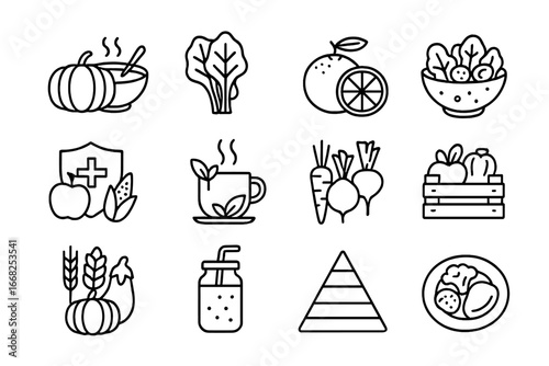 Seasonal Nutrition Icons. Outline icon set of seasonal nutrition and health: pumpkin soup, leafy greens,