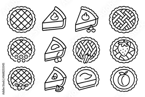 Seasonal Pie Icons. Outline icon set of seasonal pies: apple pie, pumpkin pie, cherry pie, pecan pie,