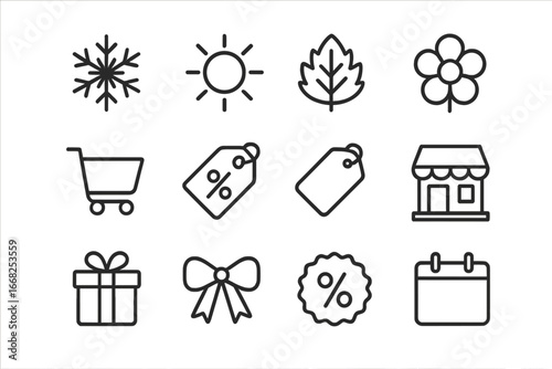 Seasonal Sale Icons. Outline icon set of seasonal sale flyer: snowflake, sun, autumn leaf, flower, shopping
