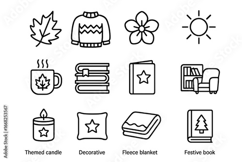 Seasonal Reading Icons. Outline icon set of seasonal reading favorites: autumn leaf, winter sweater, spring