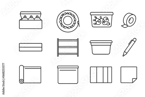 Seasonal Storage Icons. Outline icon set of seasonal decoration storage: ornament box, wreath case, light