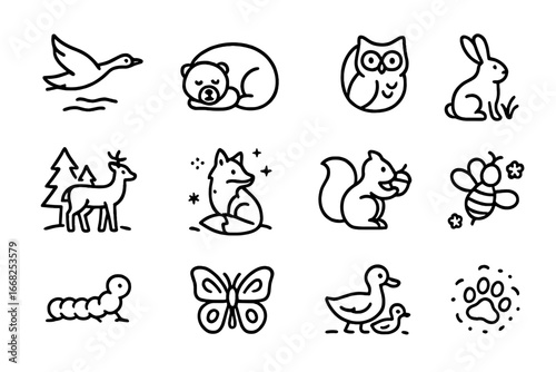 Seasonal Wildlife Icons. Outline icon set of seasonal pets and wildlife: migrating bird, hibernating bear,
