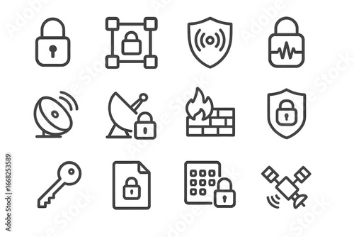 Secure Communication Icons. Outline icon set of secure space communication: encryption padlock, secure data