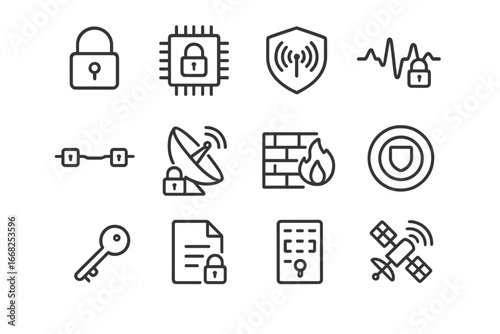 Secure Communication Icons. Outline icon set of secure space communication: encryption padlock, secure data