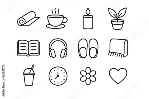 Self-Care Icon Set. Outline icon set of self-care for busy parents: yoga mat, tea cup, candle, plant, open