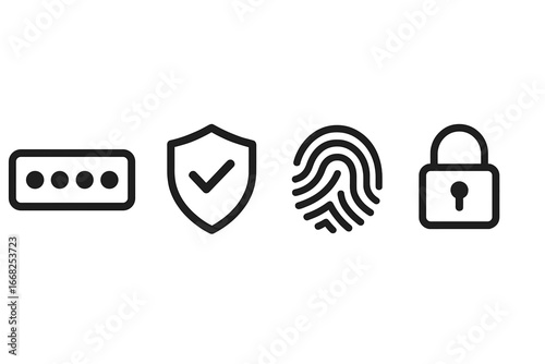 Digital security and authentication icons: password, fingerprint, shield, padlock for privacy and access control