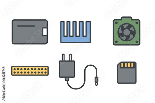 Electronic components and accessories: wallet, heatsink, fan, connector, power adapter, memory card