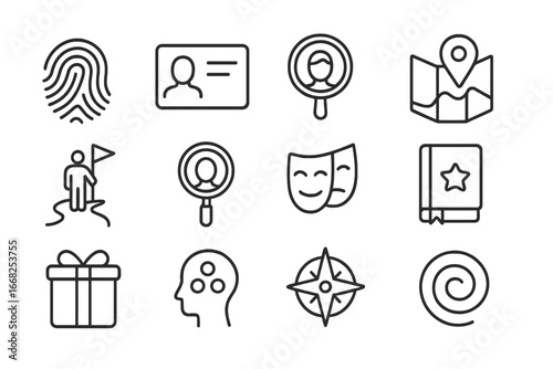 Icons of Self-Discovery. Outline vector icons of identity and self-discovery: fingerprint icon, identity card,
