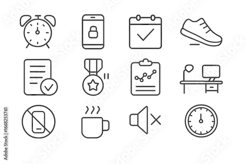 Self-Discipline Icons. Outline vector icons of self-discipline habits: early alarm, phone lock, calendar tick,