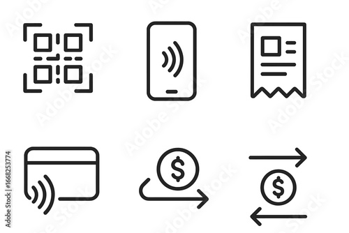 Digital payment icons: QR code, contactless, credit card, money transfer, receipt