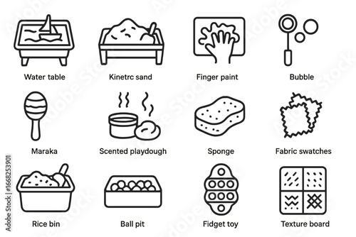 Sensory Play Icons. Outline icon set of sensory play activities: water table, kinetic sand, finger paint,