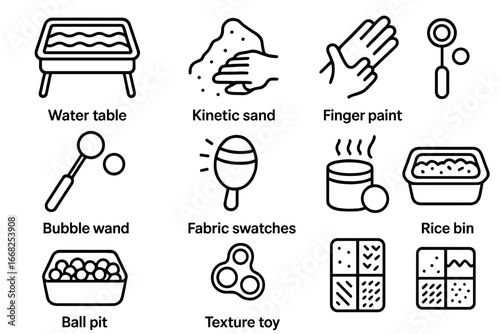 Sensory Play Icons. Outline icon set of sensory play activities: water table, kinetic sand, finger paint,
