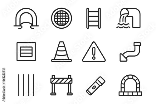 Sewer Icon Set. Outline icon set of sewer tunnel: round opening, manhole cover, ladder, flowing water,