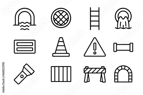 Sewer Icon Set. Outline icon set of sewer tunnel: round opening, manhole cover, ladder, flowing water,