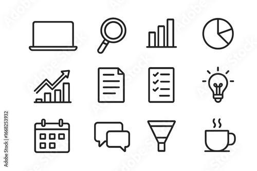 SEO Icon Grid. Outline icon set of SEO and analytics meetings: laptop, magnifying glass, bar chart, pie chart,