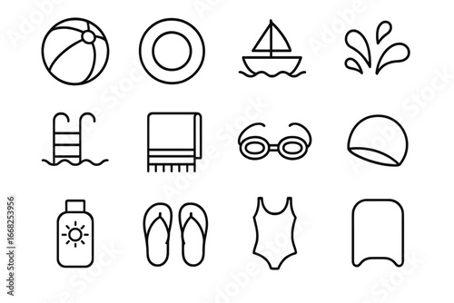 Shallow Pool Play Icons. Outline icon set of shallow pool play: beach ball, inflatable ring, toy boat, water
