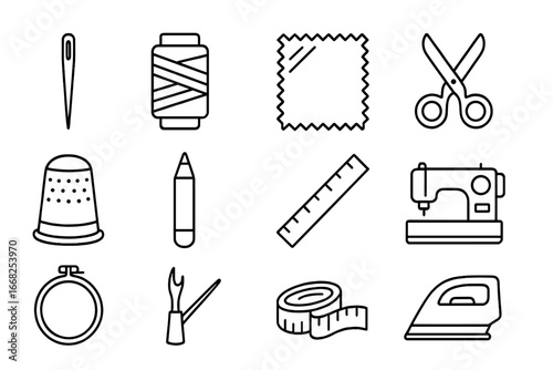 Sewing Tools Icons. Outline icon set of sewing tools for denim embroidery: embroidery needle, heavy-duty
