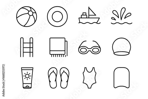 Shallow Pool Play Icons. Outline icon set of shallow pool play: beach ball, inflatable ring, toy boat, water