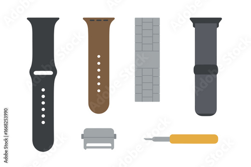 Assorted watch bands and accessories with tool, flat design on white background