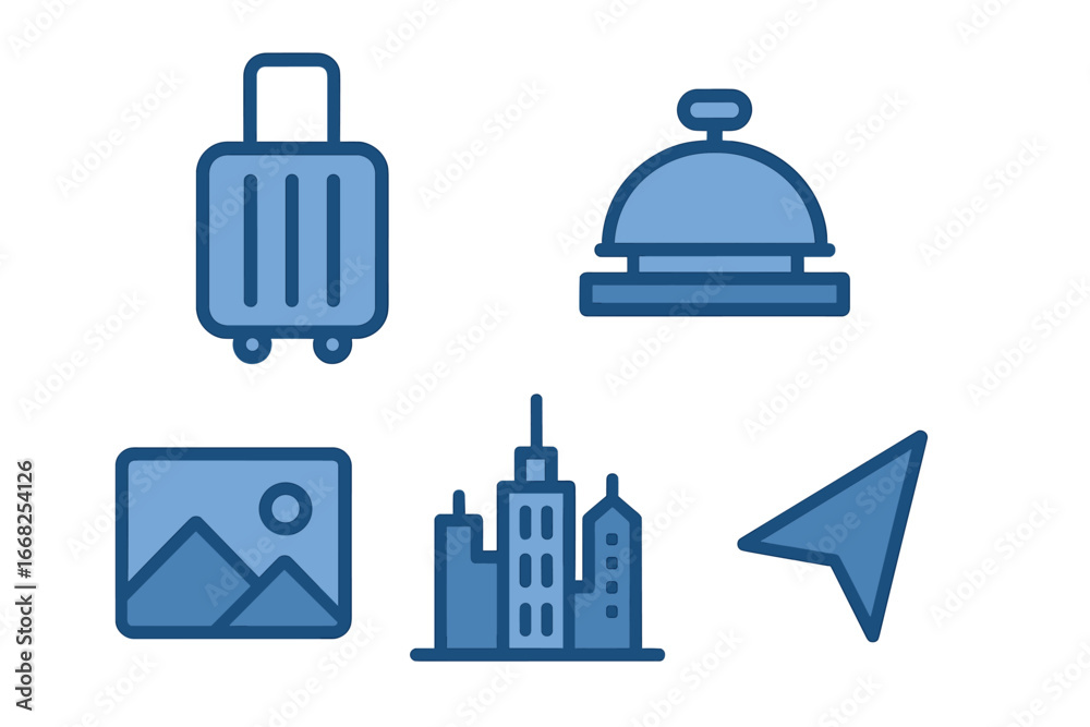 Travel and city icons: suitcase, hotel bell, cityscape, photo, navigation arrow Travel and city icons: suitcase, hotel bell, cityscape, photo, navigation arrow