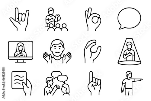 Sign Language Icons. Outline icon set of sign language in performance: ASL hands, interpreter on stage, hand