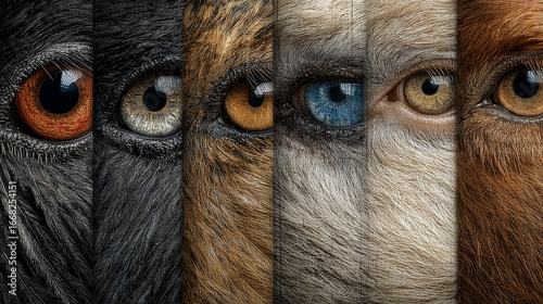 Close-Up Composite of Wild Animal Eyes in High Detail Showing Fur Texture and Intense Stare.
