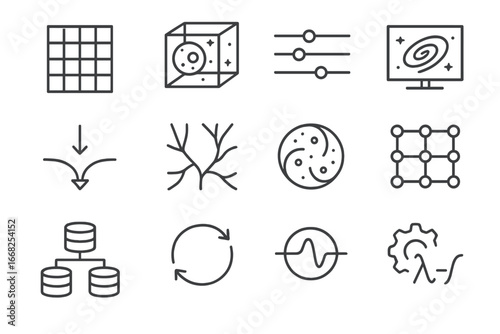 Simulation Icons Grid. Outline vector icons of simulation and cosmological modeling: data grid, 3D universe,