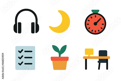 Flat icons for daily life objects and activities, featuring headphones, moon, stopwatch, checklist, plant, and desk with chair