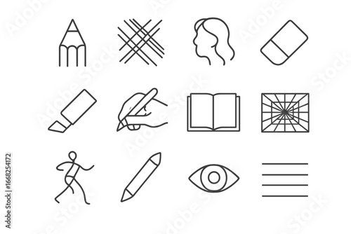 Sketching Technique Icons. Outline vector icons of sketching techniques: pencil tip, crosshatching lines,