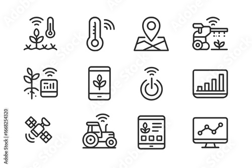 Smart Farming Icon Set. Outline icon set of smart farming tools: field sensor, digital thermometer, GPS